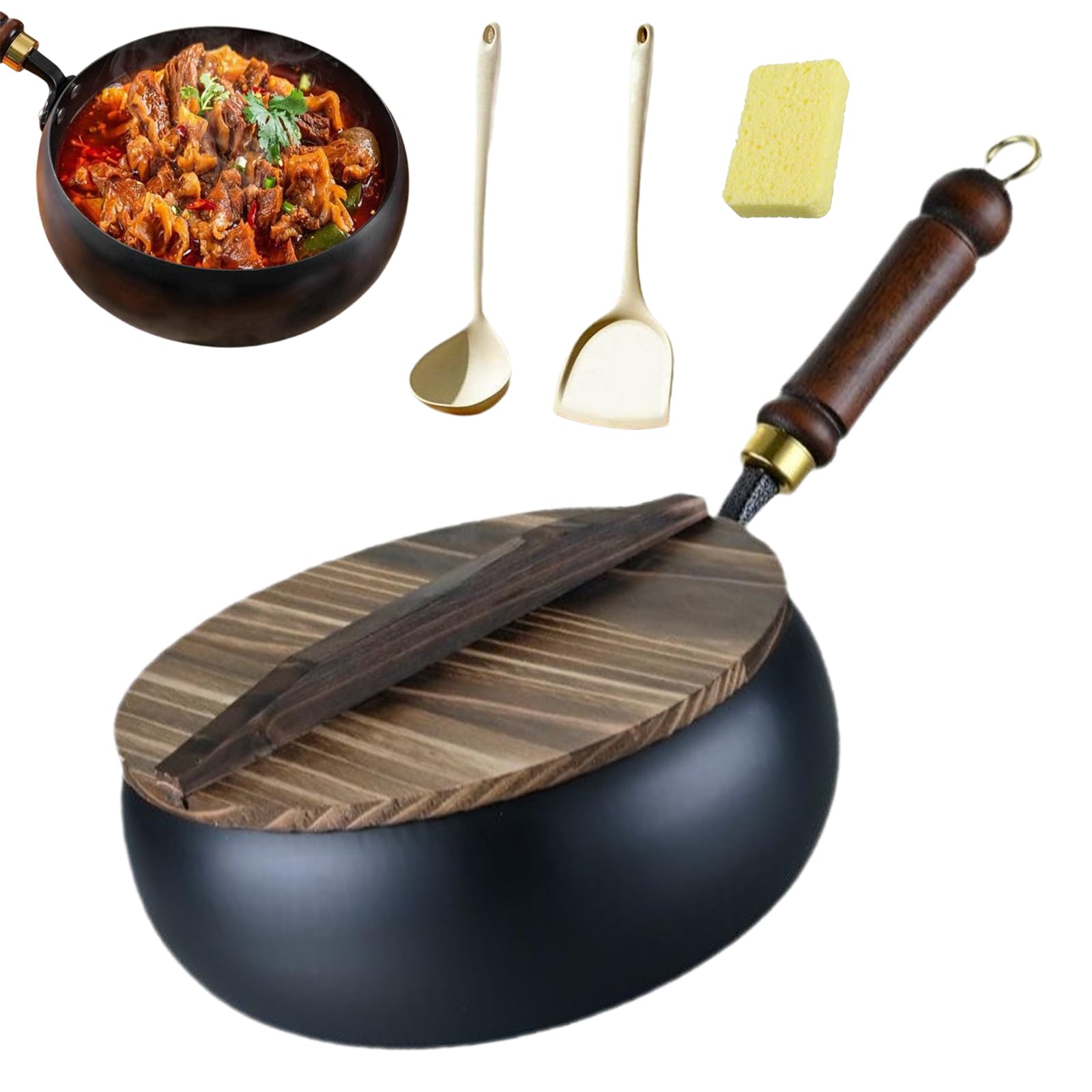 Japanese Iron Pan, 24/28cm Uncoated Iron Pans, Sartén de Hierro Antiadherente Forjada a Mano, sin Revestimiento, Sartén Grande con Tapa de Madera, para Cocinas (Tapa de madera, 24cm)