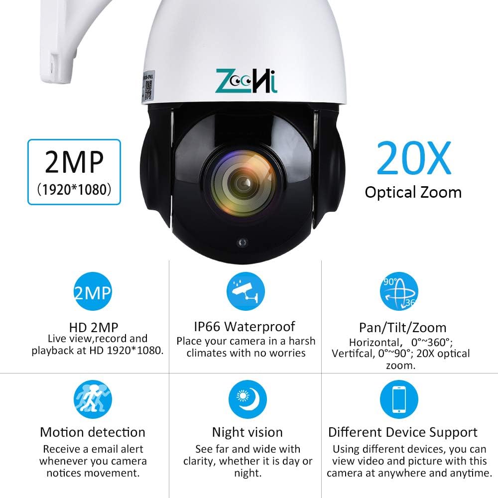 Outdoor PTZ Camera, Pan/Tilt/ 20x Optical Zoom 1080P Home Security PTZ IP Camera, 197ft Night Vision, IP66 Waterproof, 2-Megapixel,Wired Camera