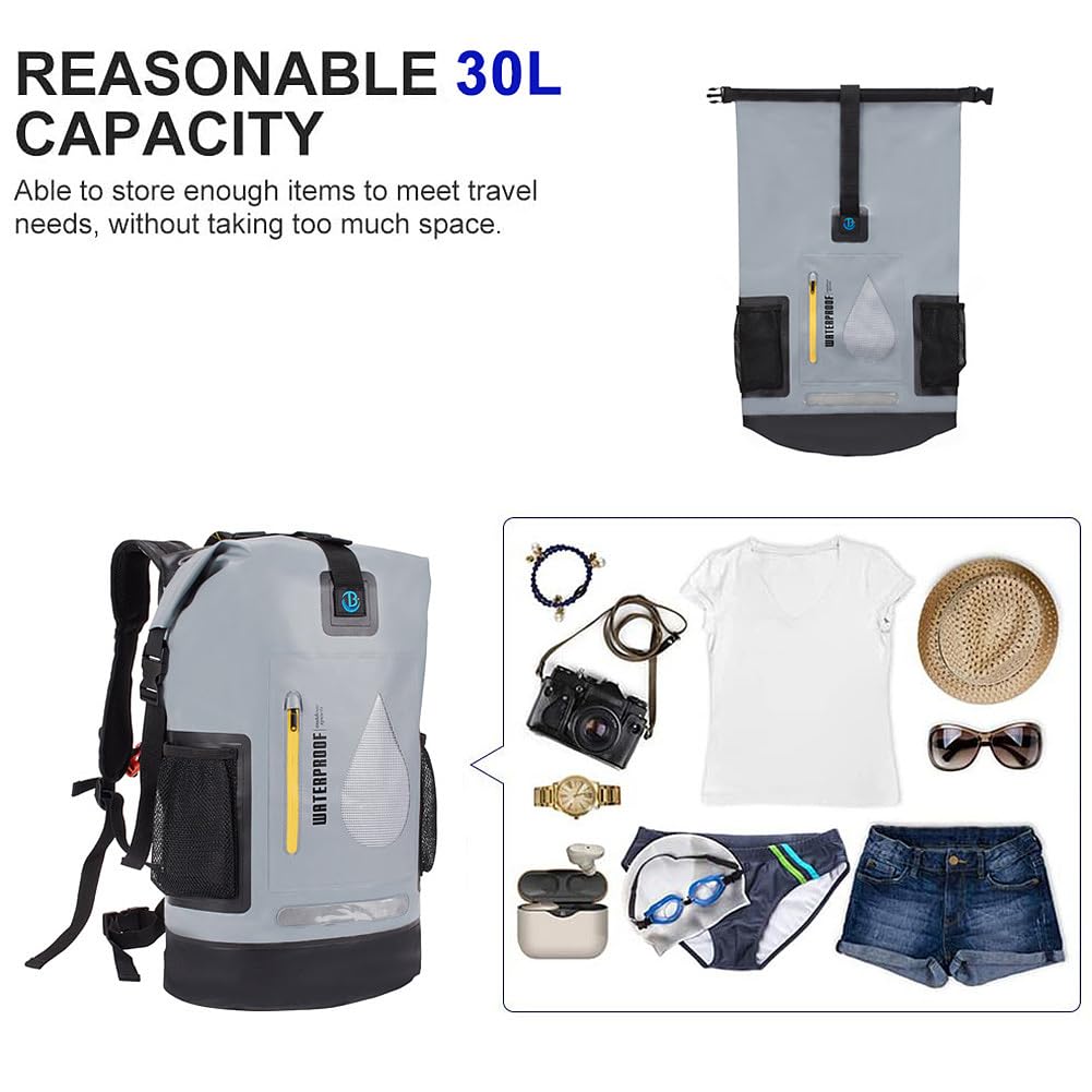 Sac à dos étanche de 30 L pour la natation, la pêche, le surf, le rafting, le bateau, le kayak, le canoë, livré avec un petit sac étanche de 2 L
