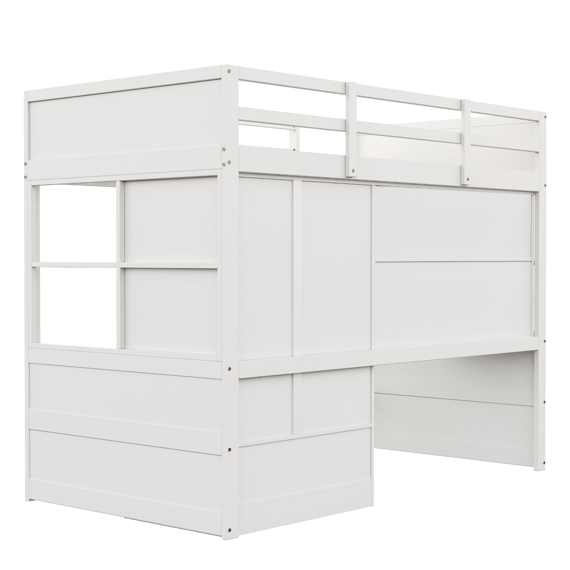 Kinderbett 90x200 cm, Hochbett mit Schreibtisch, Tisch mit Staufach, Kleiderschrank mit 2 Stauschublade, Etagenbett, Jugendbett, Bettgestell mit Lattenrost, Weiß, ohne Matratze