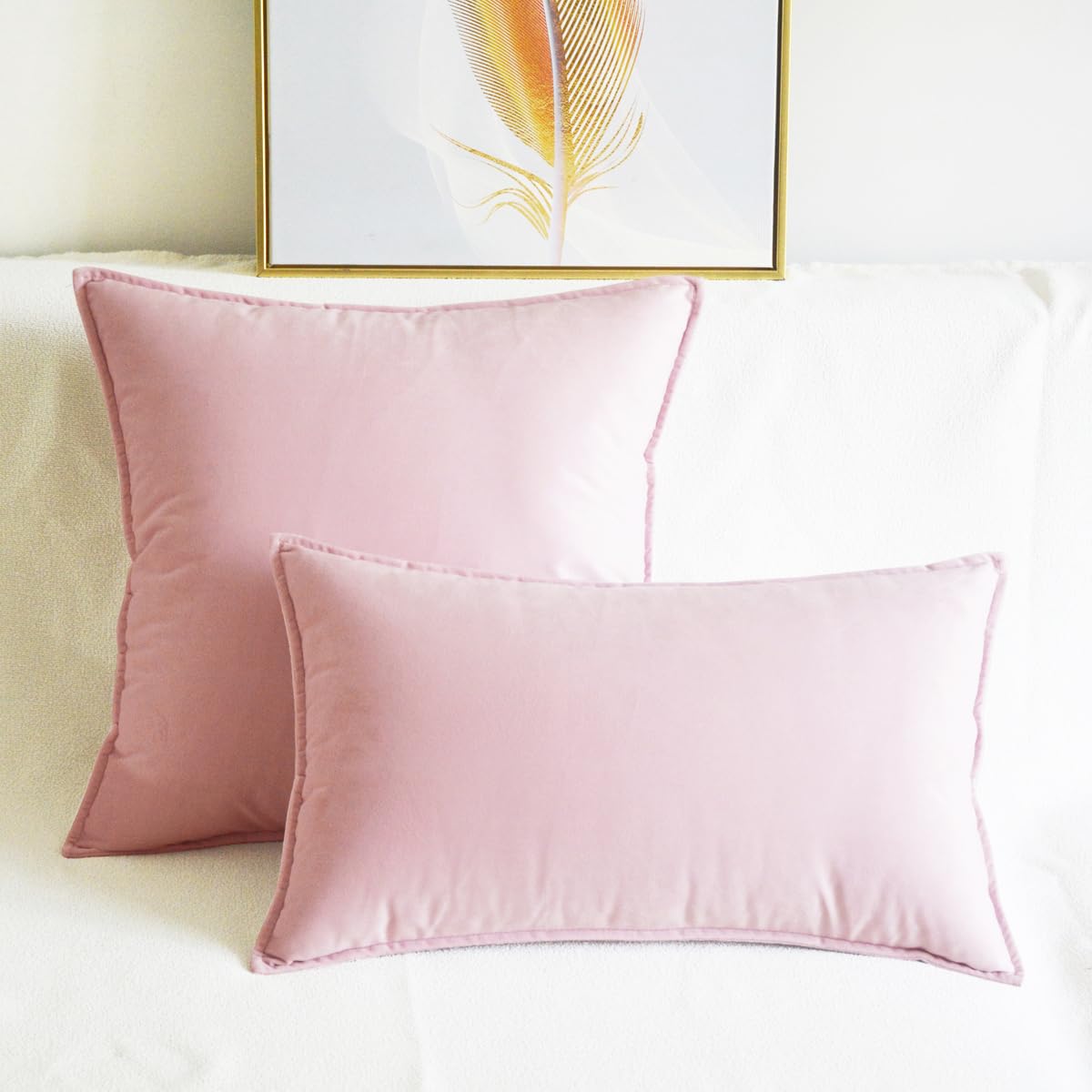 Lutanky Pale Pink Velvet Cushion Covers 30 x 50 cm Decorative Rectangle Throw Pillow Covers (Pack of 2) Soft Oblong Piped Pillowcases for Sofa Bedroom with Invisible Zipper 12x20 Inch - Image 3