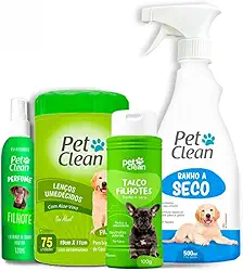 Kit Banho a Seco 500ml + Talco 100g + Lenço Umedecido 75un + Perfume 120ml Pet Clean - Higiene e Limpeza para Cães e Gatos (Filhote)