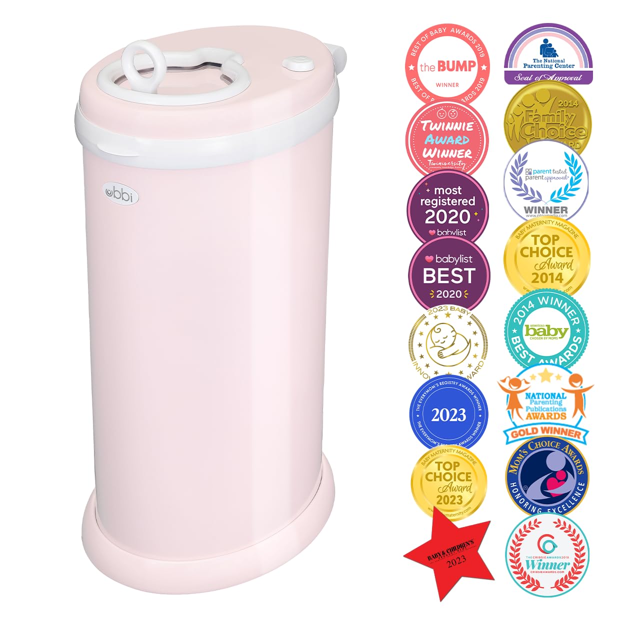 Ubbi Steel Diaper Pail Bundle with Retractable On The Go Travel Bag Dispenser, Award-Winning Registry Must-Have, Blush Pink and White