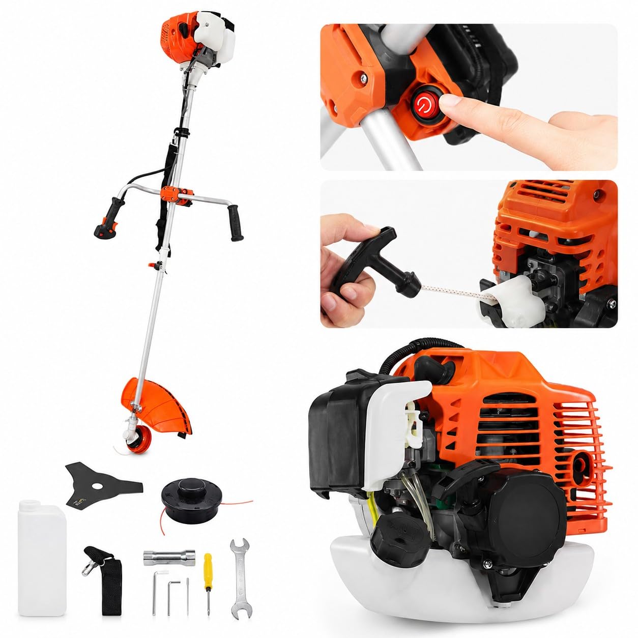 Decespugliatore a Scoppio 52cc 1.45kW 8500RPM Motore 2 Tempi con Manubrio Avviamento Elettrico con Batteria 12V e Manuale con Testina Doppio Filo e Disco tre Denti Acciaio per Erba, Giardino, Arbusti