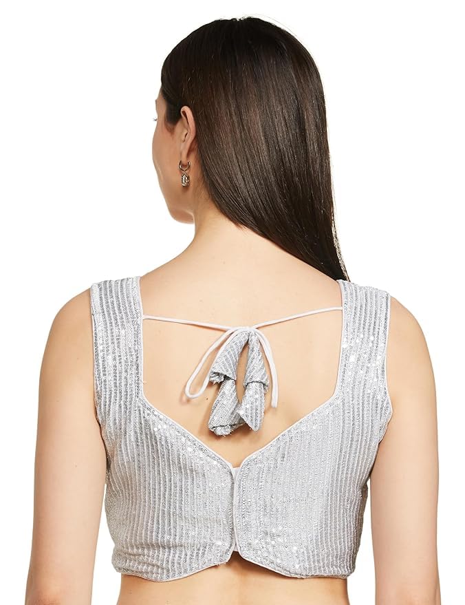 Pujia Mills Women's Multicolor Sweetheart Neck Georgette Line Soft Embroidery Sequence Zari Work Sleeves Readymade Saree Blouse (36, Silver)