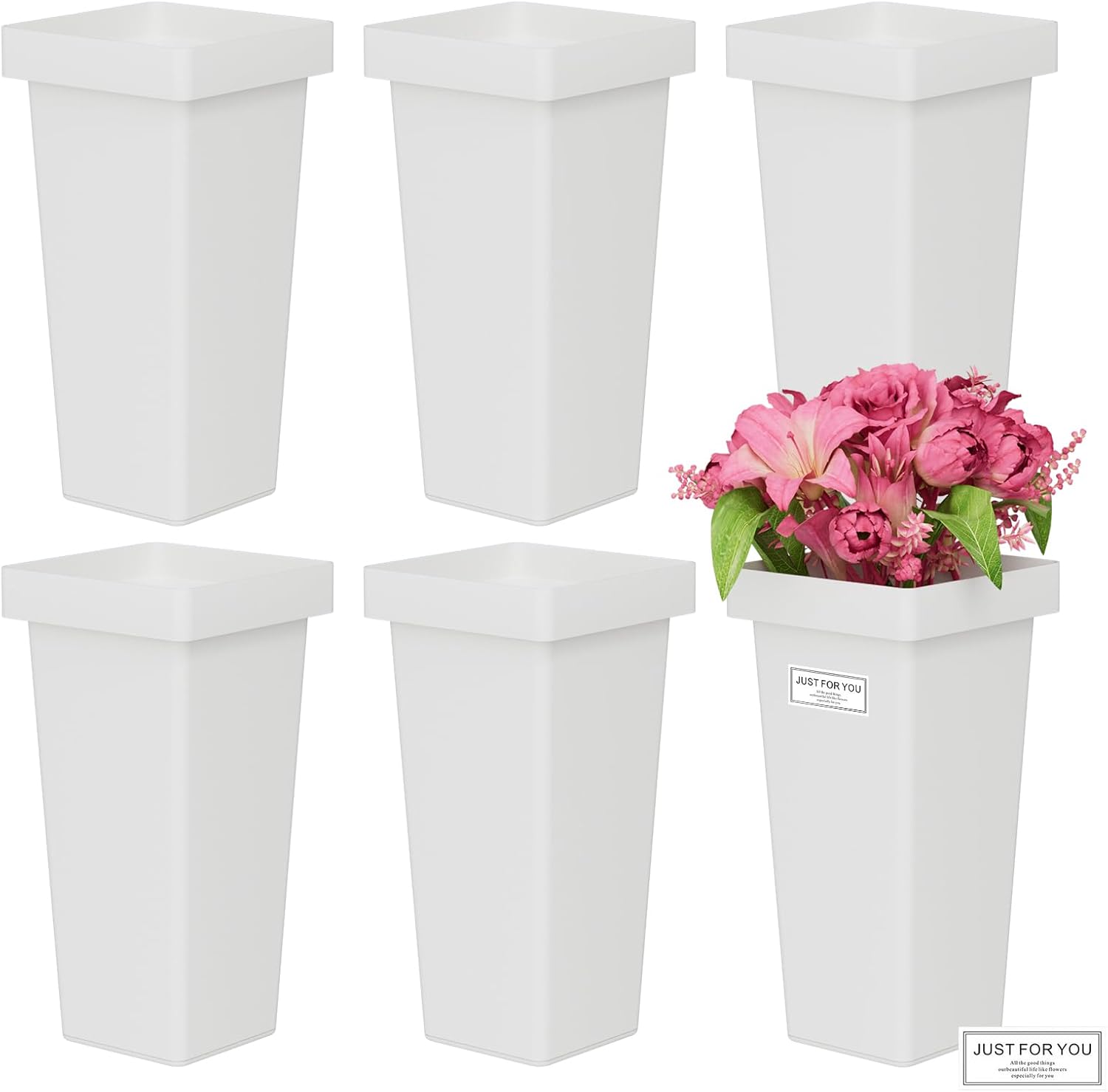 Flower Buckets, 6-Pack Plastic Flower Vases with Stickers for DIY Flower Bar, Floral Buckets for Cut Flower Farmhouse Vases for Decor Wedding Table Centerpiece, H: 13.39 inch