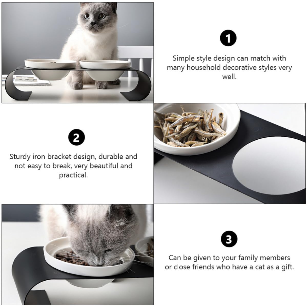 SEWACC Gamelle Surélevé Forgé pour Chat Céramique Support en Fer Robuste, Double Bol Blanc, pour Aliments Secs et Friandises