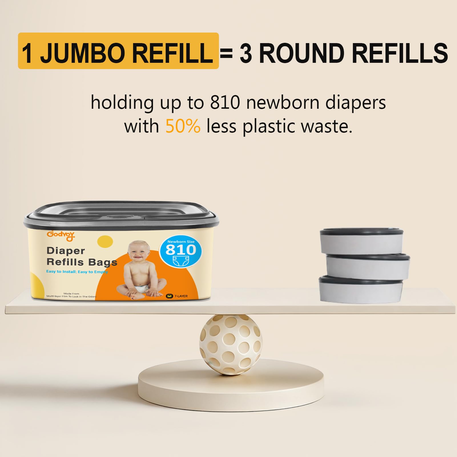 Jumbo Square Refill Compatible with Diaper Genie Classic/Compact/Select Pails,Odor Control & Durable,Holds Up to 810 Newborn Diapers,Unscented Disposal Bag Refills with Continuous Film（3 pack） - 5