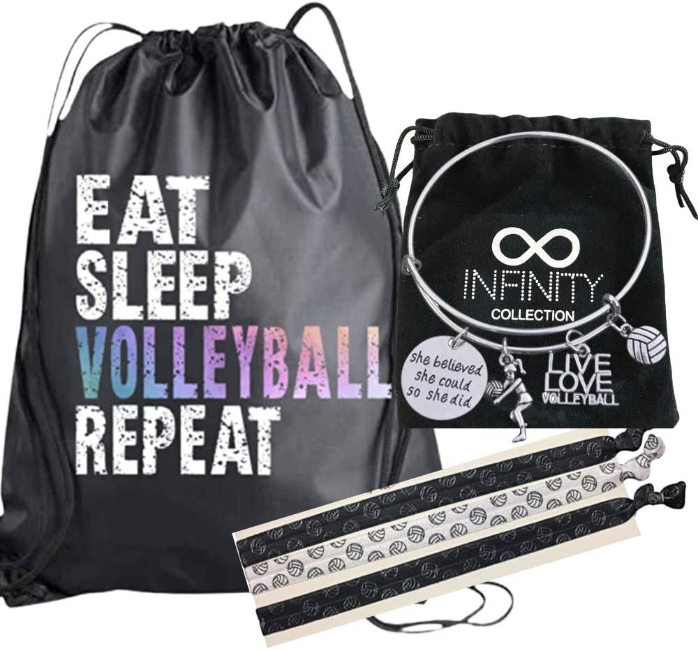 Sportybella Volleyball Gift Bundle, Volleyball Charm She Did Bangle Bracelet, Drawstring Bag and Headband Gift Set, Girls Accessories For Volleyball Players and Teams