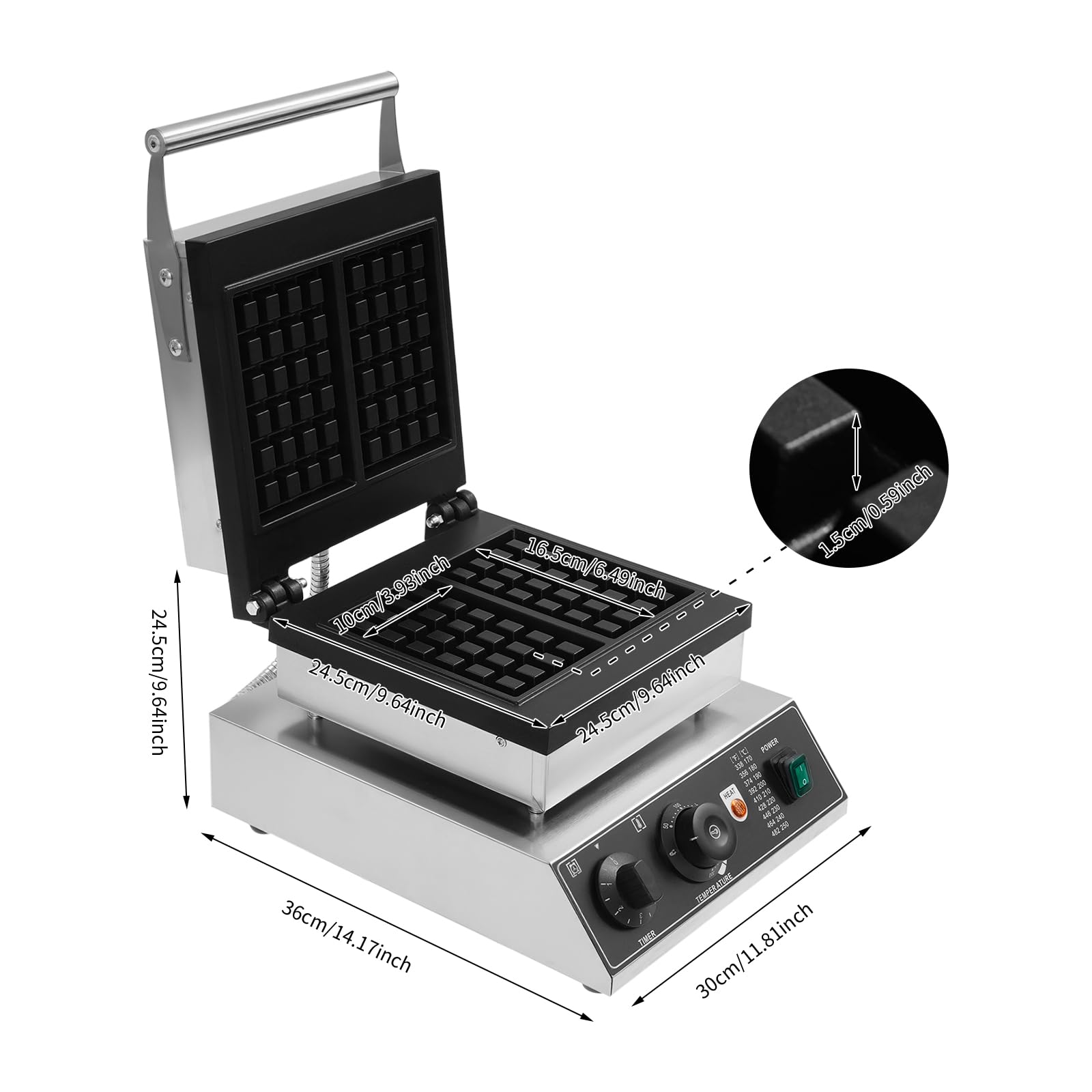 Gaufrier électrique 2000W Gaufrier Professionnel - Appareil à Gaufres pour 2 Gaufres - Revêtement Antiadhésif-Thermostat Réglable 50-300℃ - Cafétéria/Boulangerie/Snack-bar