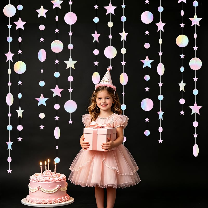 Image of Iridescent Pink Party Decoration Iridescent Pink Star Circle Dot Hanging Garland Streamer Decorations Glitter Star Bunting Banner Twinkle Backdrop for Wedding Baby Shower Birthday Christmas