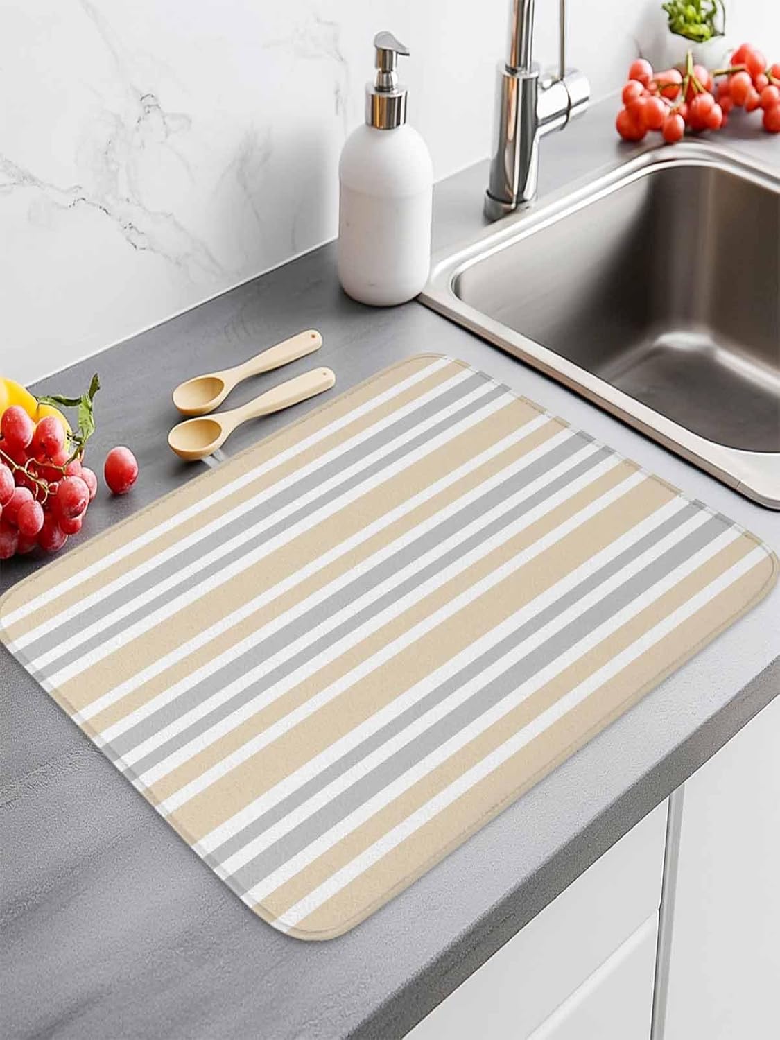 Khaki Gray Drying Mats for Kitchen Counter 2 Pcs, Modern Stripes Geometric Microfiber Absorbent Dish Drainer/Rack Mat,Reversible Hangding Quick Drying kitchen Decor,16x18 Machine Washable