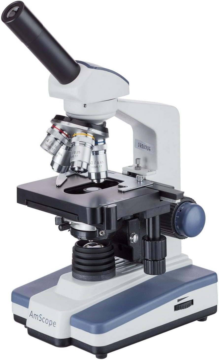 AmScope M620A Compound Monocular Microscope, WF10x and WF16x Eyepieces, 40x-1600x Magnification, Brightfield, LED Illumination, Abbe Condenser, Mechanical Stage, 110V