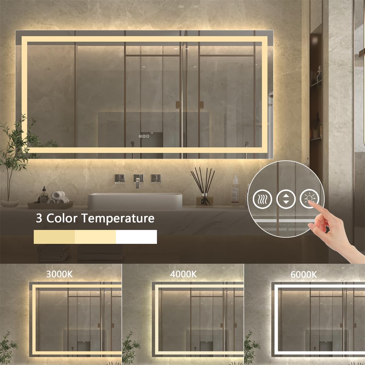 Image showing a hand touching the color temperature button on the mirror, with illustrations of 3000K (warm), 4000K (natural), and 6000K (white) light settings.