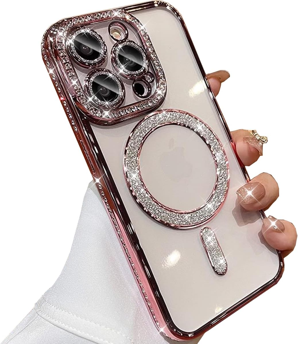 for iPhone 16 Pro Max Case Magnetic, [Compatible with MagSafe] Women Cute Clear Glitter Bling Diamond Rhinestone Sparkly Case Camera Lens Protectors Plating Cover for iPhone 16 Pro Max (Pink)