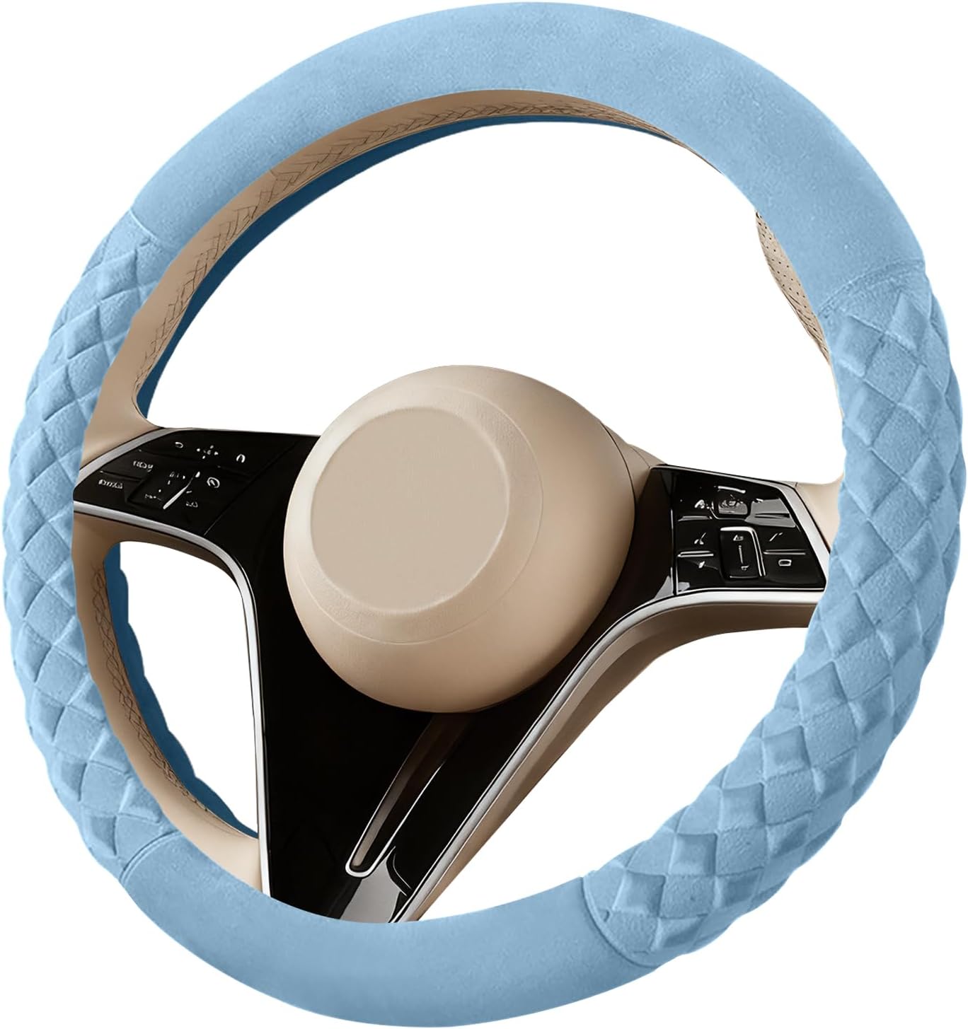 Sapphire Blue Diamond Patterned Plush Steering Wheel Cover, for Universal Auto Steering Wheel 14.5-15 in, Short Fluffy, Anti-Slip, Soft Plush, Comforting and Luxurious, Odorless, Soft Texture