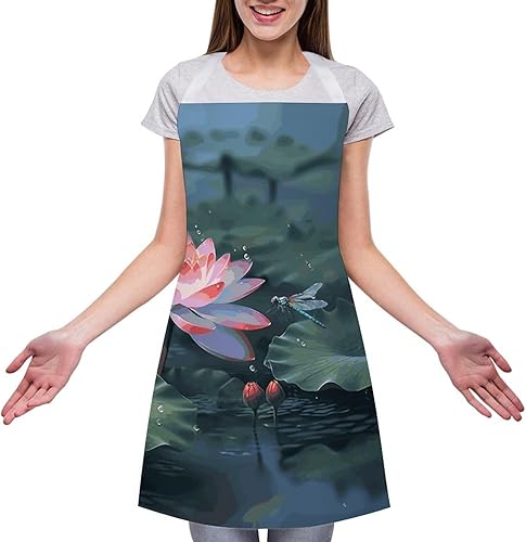 Miniatura 3 de MUSM Lotus Flower And Dragonfly ApronClassic Vintage Funny with Pockets Aprons,Adjustable Bib Waterdrop Resistant for Kitchen Cooking Restaurant BBQ