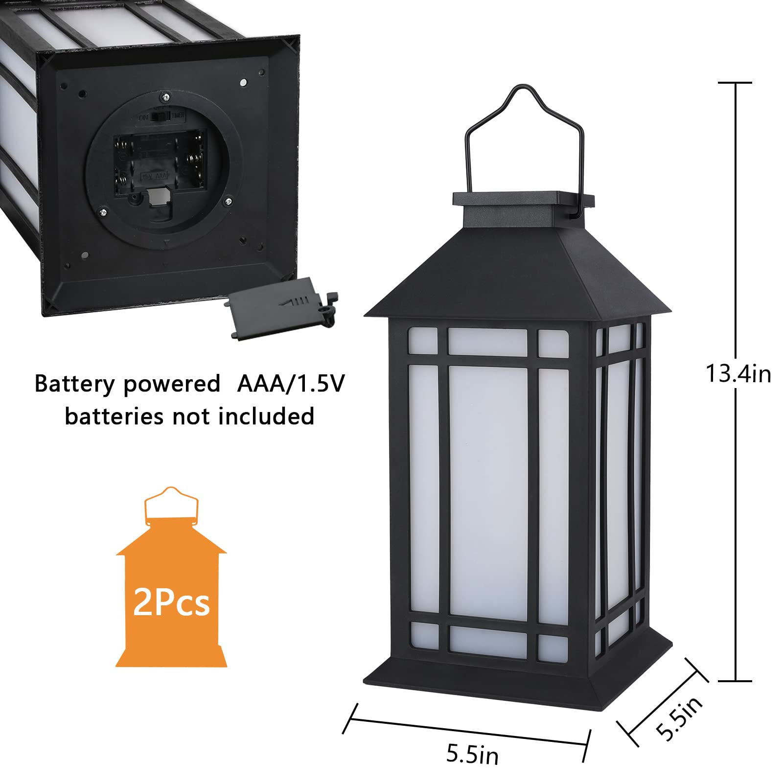 Lot de 2 lanternes d'extérieur étanches IP65 de 33 cm avec bougie LED sans flamme et minuterie de 6 heures – Lanterne décorative pour terrasse et jardin