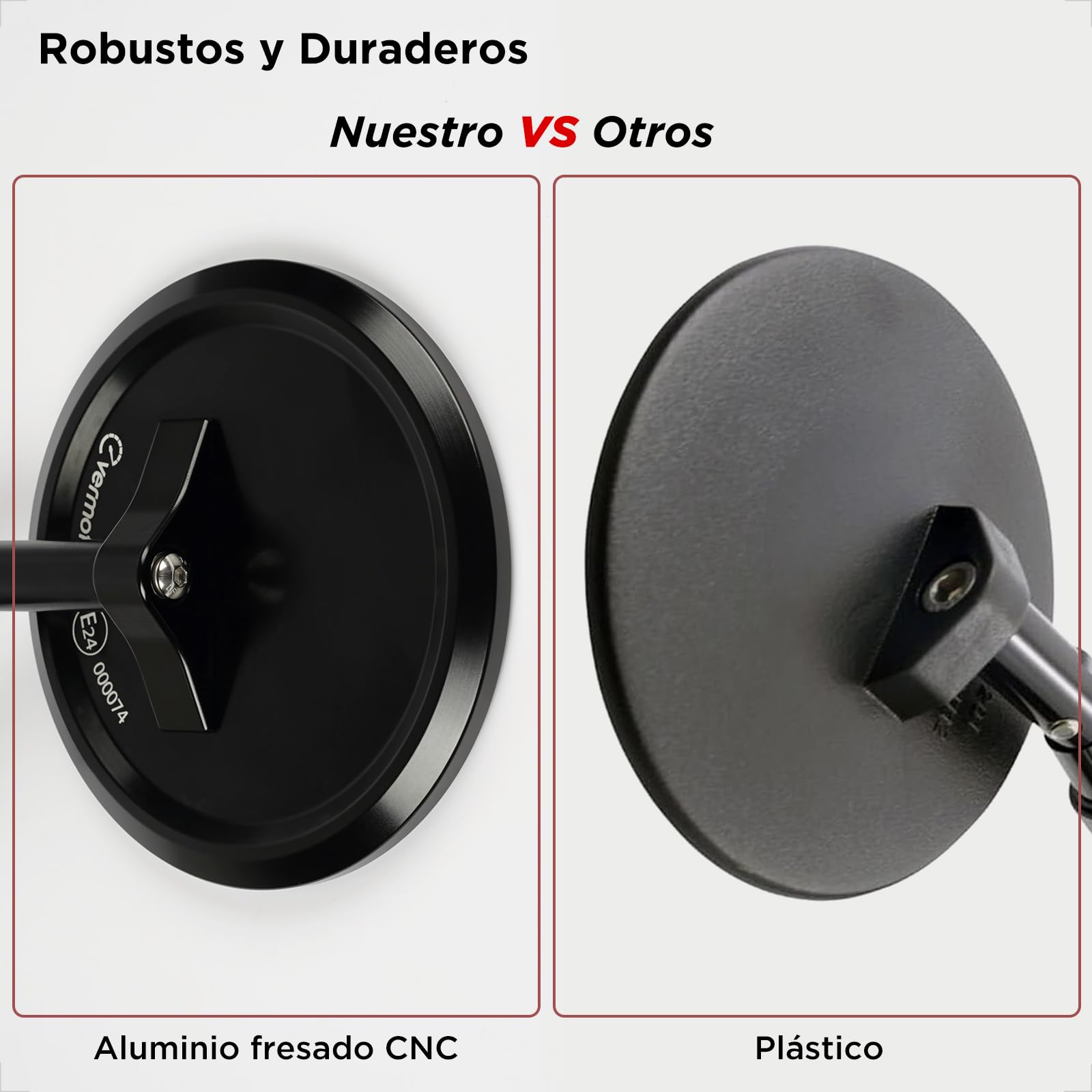 Evermotor Espejo de Moto, Homologación E24, Espejos de Manillar de Moto Ajustable 360°, Aluminio, Redondo para Scooters, ATVs, Ciclomotores, 2 piezas