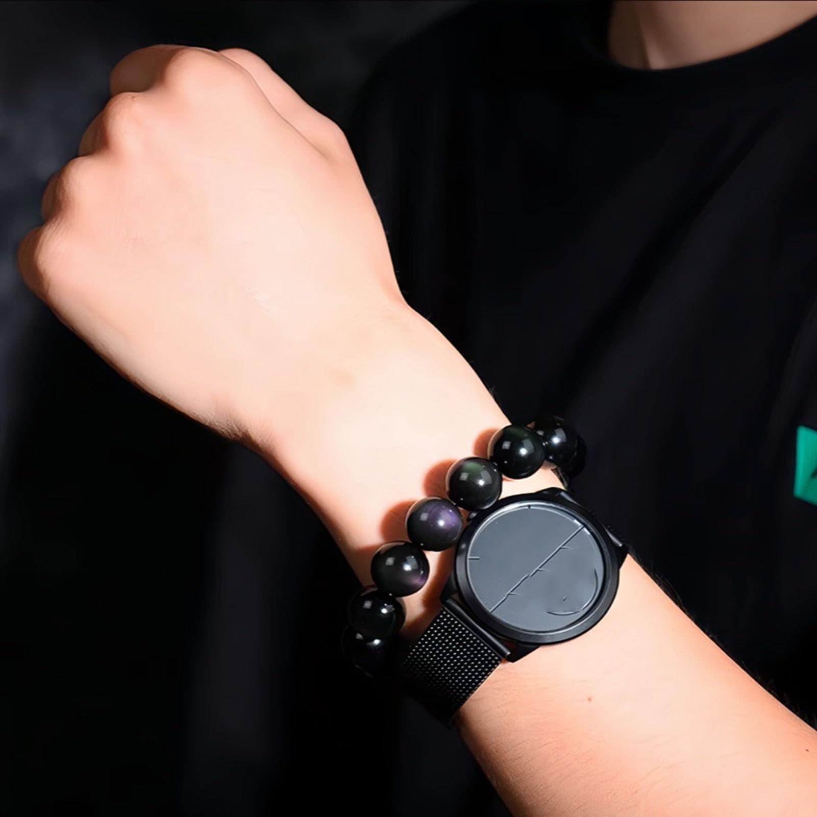 Pulsera elástica de obsidiana Colorida para Mujeres y Hombres, Cuentas de Cristal volcánico con Brillo de Plata y Oro arcoíris Natural, joyería de Piedra elástica Ajustable,6a,10MM