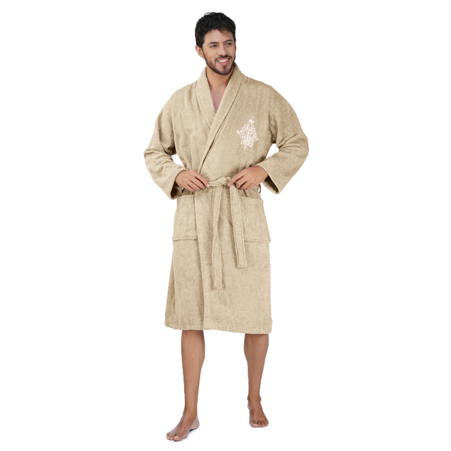 Rangoli Royal Bamboo Premium Bathrobe For Men | Ultra Soft Bamboo Yarn Lightweight Bathing Robes | 460 GSM Highly Absorbent & Quick Drying Luxurious Bath Gown | Knee Length Bath Robe - Beige