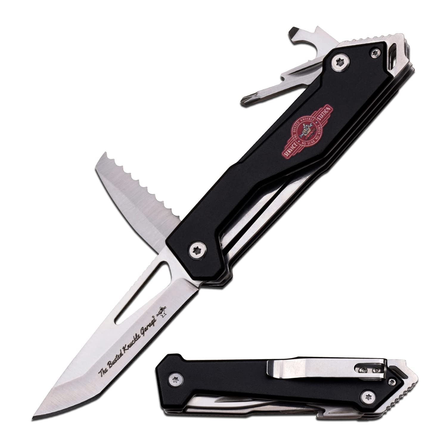 Busted Knuckle Garage - Manual Folding Knife and Multi-Tool - Stainless Steel Blade and Saw Blade, Aluminum Handle w/Flip Out Screwdriver, Bottle Opener and Pocket Clip - BKG-MK002