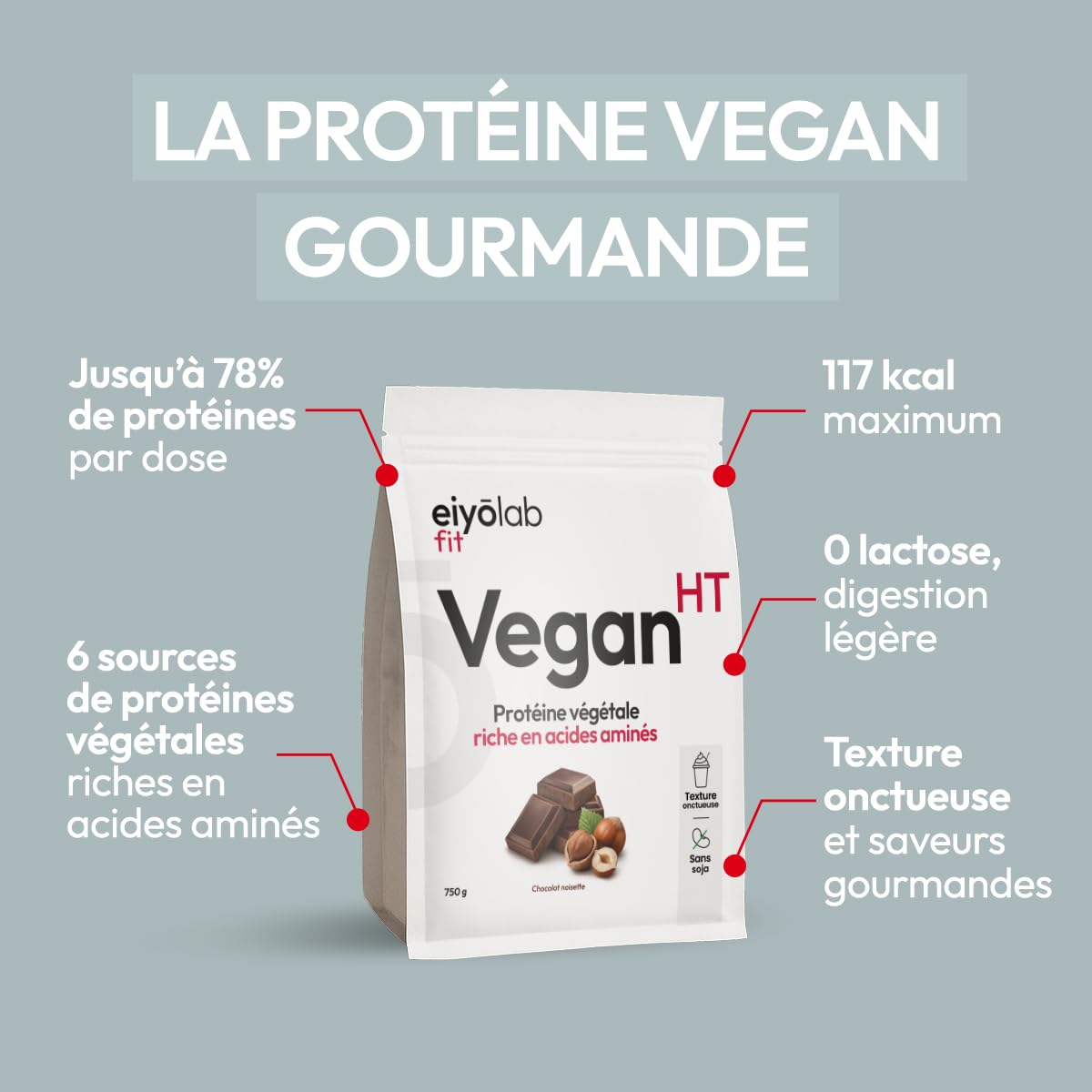Vegan HT | 78% de protéines | 6 sources : Pois, Riz, Chanvre, Courge, Tournesol, Isolat Féverole | Sport & Musculation | BCAA | Sans soja | Texture Onctueuse Saveur Chocolat Noisette | 750g | Eiyolab