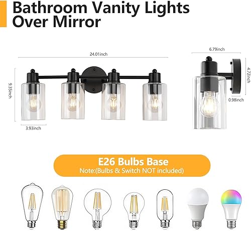 Miniatura 5 de 4 luces de tocador, aplique de pared negro con vidrio transparente, accesorios de luz de baño sobre espejo, lámpara de pared para sala de estar,