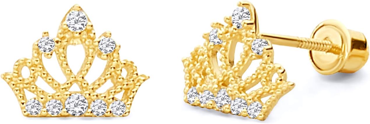 14k Yellow OR White Gold Crown Stud Earrings with Screw Back