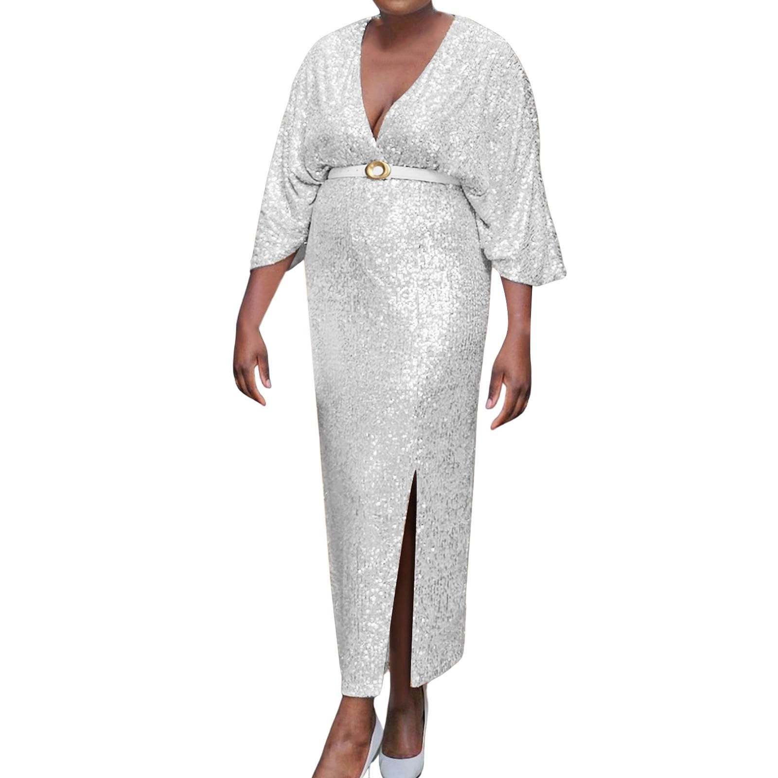 Generisch Vestido de mujer de gran tamaño, vestido de noche con lentejuelas, elegante, cuello en V, bodycon maxi vestido sexy, vestido de fiesta, vestido de fiesta, vestido de oficina, vestido de