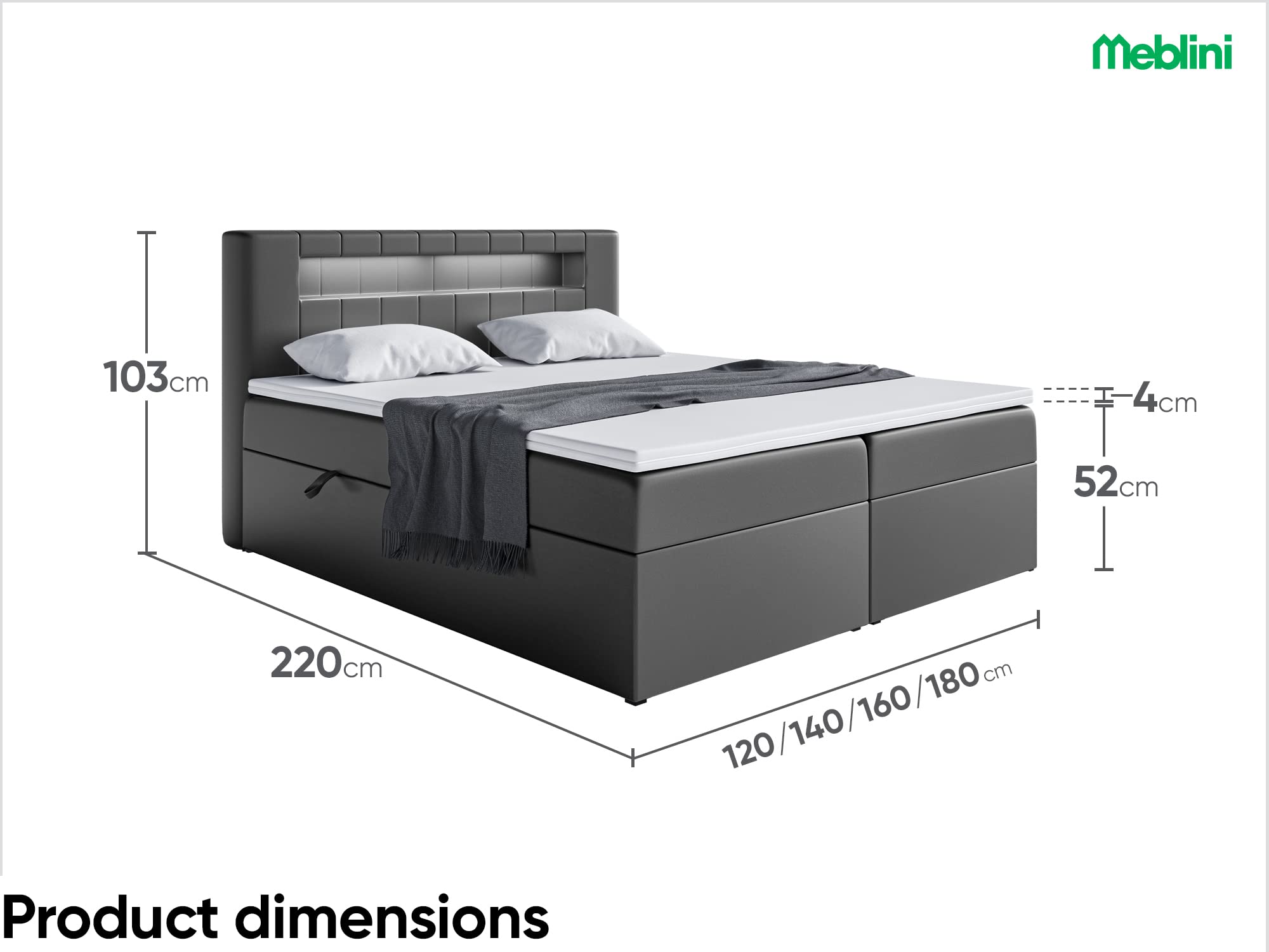 MEBLINI Boxspringbett mit Bettkasten - Bett mit LED Kopfteil - Gepolstert Doppelbett mit Matratze und Topper - Polsterbett mit Stauraum - Stauraumbett - ASPIN - 180x200 - H3/Schwarz Kunstleder