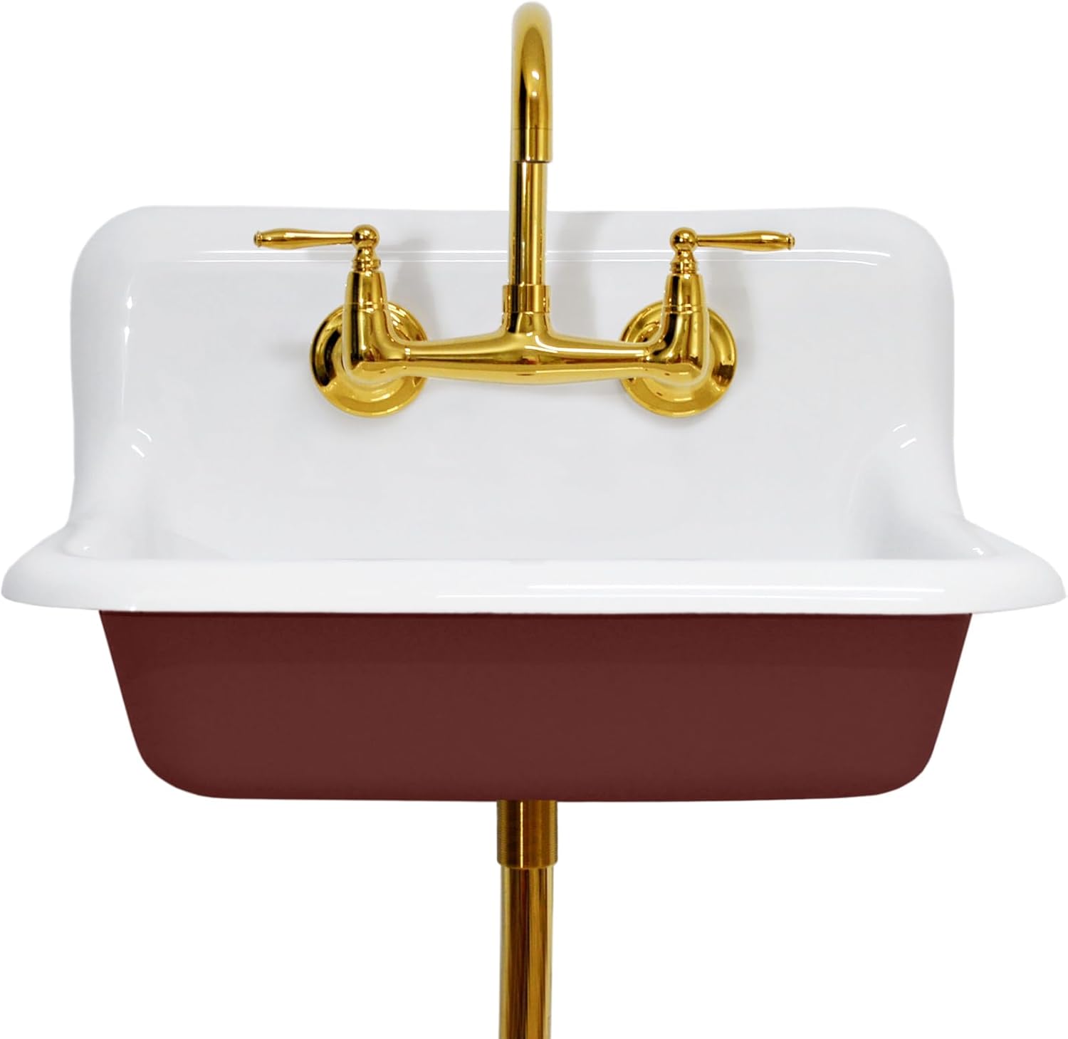 Riley & Higgs Wall Mount Vintage Farm House Sink with Polished Brass Faucet and Drain - Bathroom and Utility Sink, 24 Inches Wide x 18 Inches Deep (Rookwood Red Exterior)