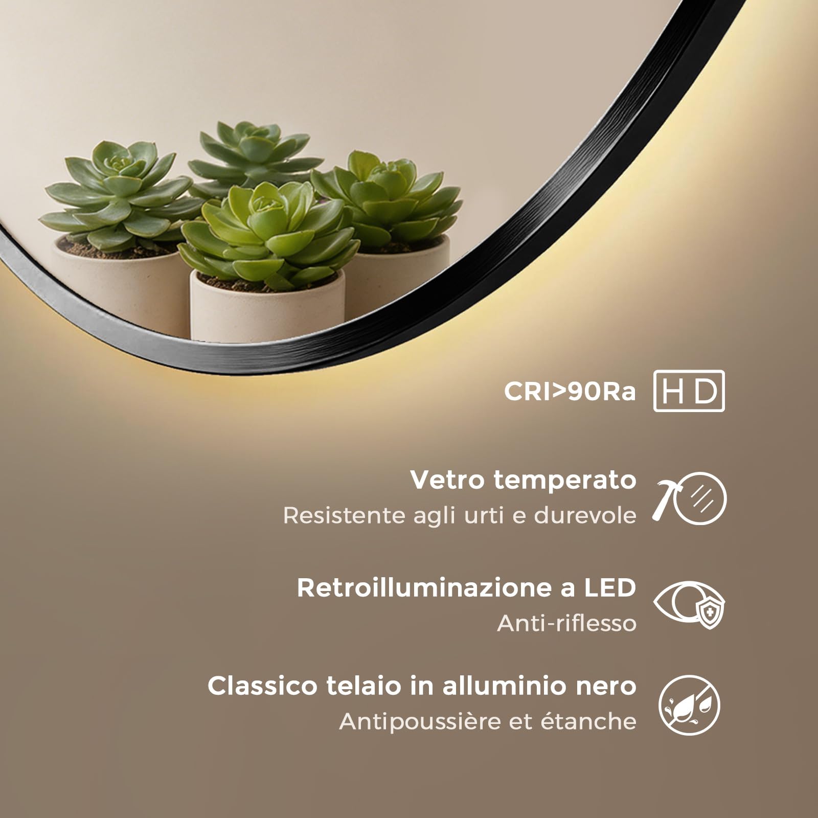 S'AFIELINA Specchio Bagno con Luce rotondo Ø 60 × 3 cm (P), Cornice Nera, Touch, Dimmerabile, Antifog, Orologio, Temperatura, Funzione Memoria, Specchio Bagno Retroilluminato, HD Vetro Temperato