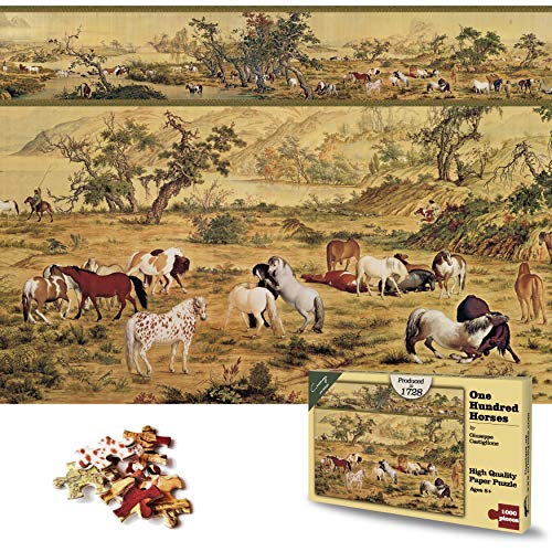 1000 Piece Puzzles for Adults, Horse Art Paintings Nature Landscape Puzzles - One Hundred Horses - Museum Collection Artwork, 20X27 Inches