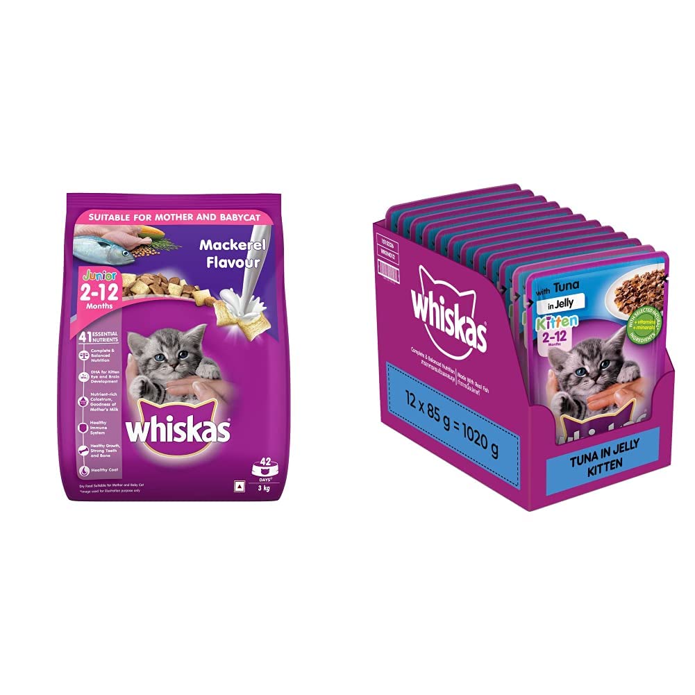 Whiskas Dry Food for Mother and Babycat, Mackerel Flavour, 3kg&Whiskas Wet Food for Kittens (2-12 Months), Tuna in Jelly Flavour, 12 Pouches (12 x 85g) (B0BP5J7TMK) Amazon Price History, Amazon Price Tracker