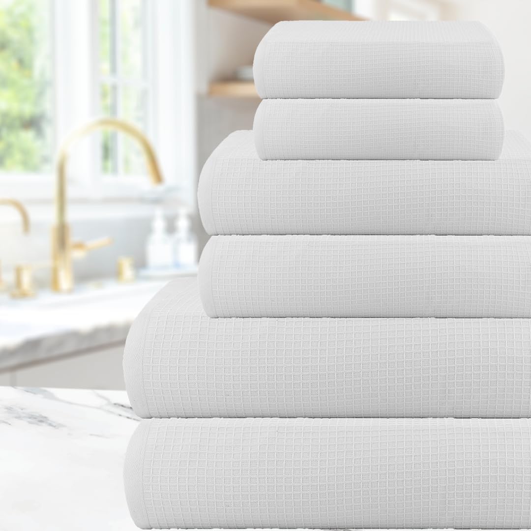 Casa Copenhagen Juego de 6 Toallas de baño, 600 g/m², Blanco | Waffle 100% algodón egipcio puro para baño, cocina y ducha: 2 toallas baño, 2 de mano, 2 paños (set regalo mujer y hombre)