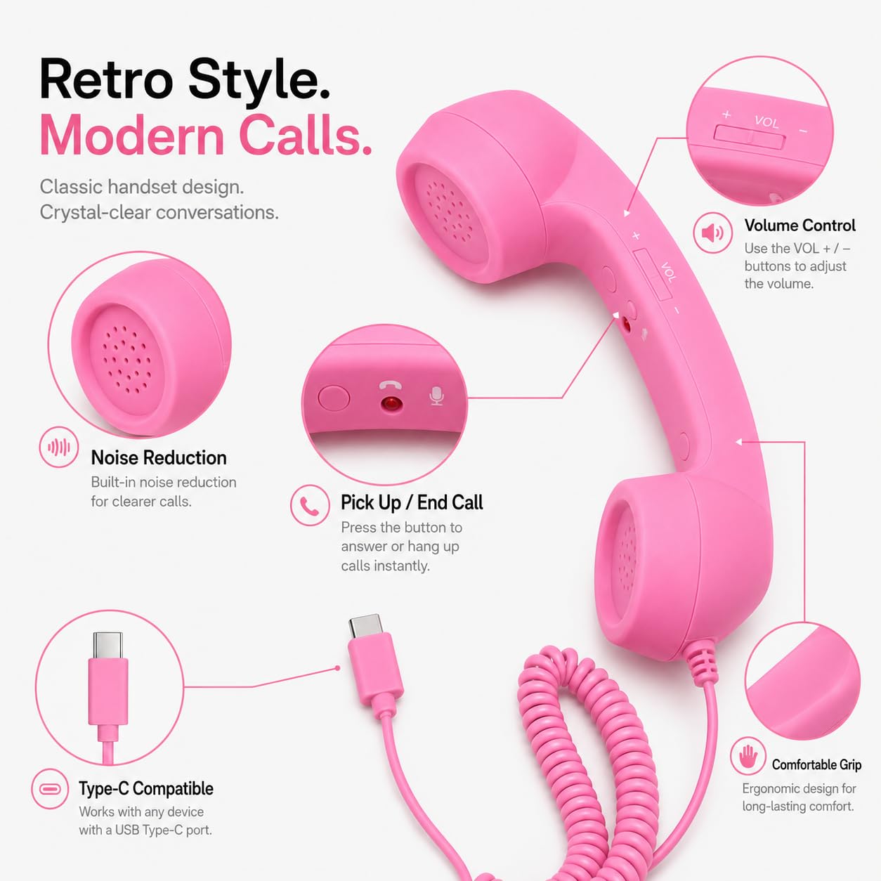 Street27 Retro Phone Handset Compatible with Type-C Smartphones, Tablets & Computers, Corded Telephone Receiver with Noise Reduction, Volume Control & Answer Button for Calls and Meetings (Pink) — Amazon image 9