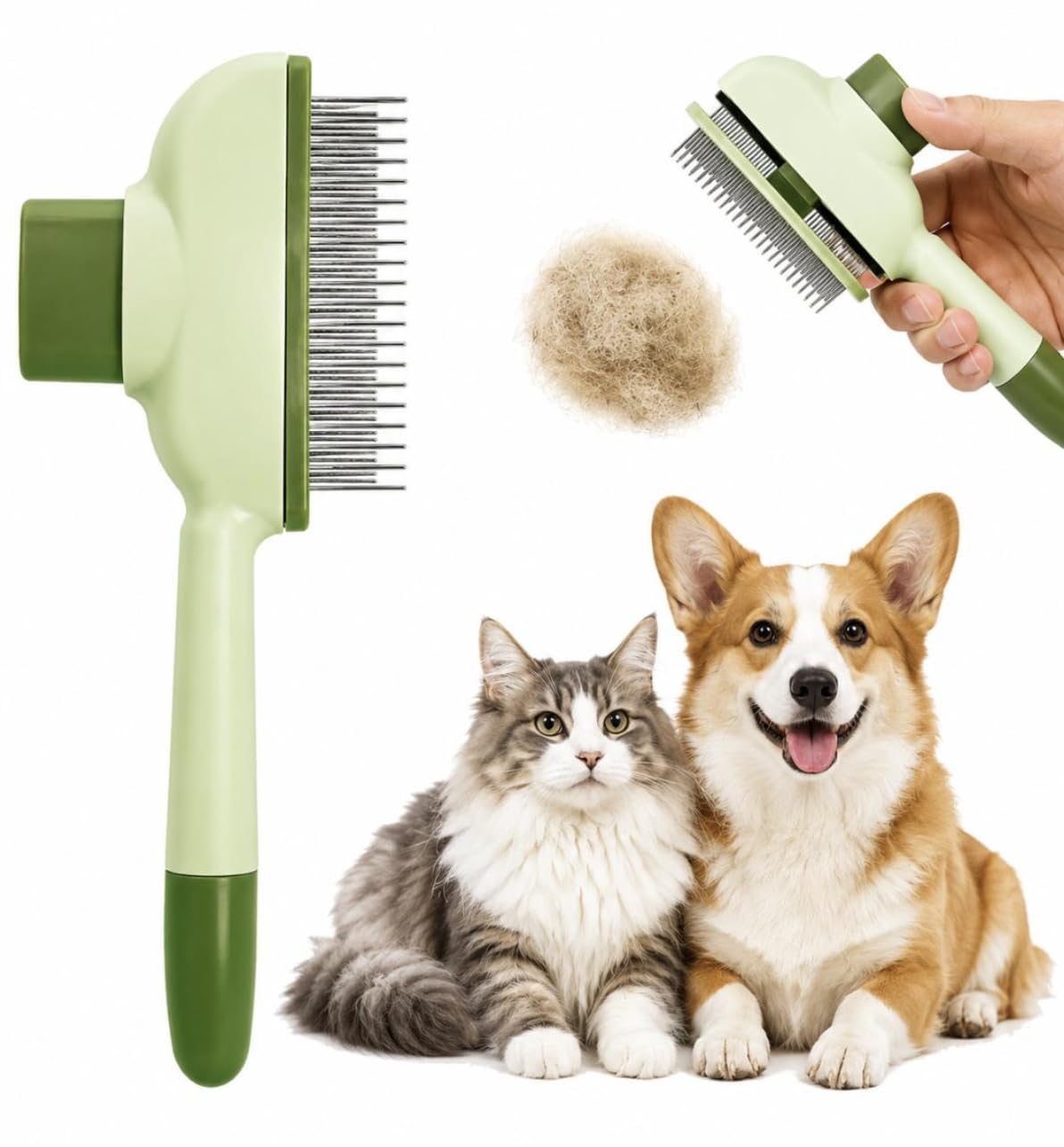 Self Cleaning Pet Grooming Brush for Dogs & Cates, One-Click Deshedding Brush for Long & Short Hair, Removes Loose Fur, Stainless Steel Pins, Easy Grip Handle, Green And Yellow