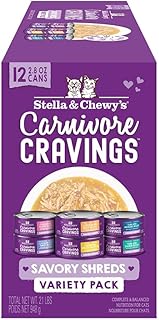 Stella & Chewy’s Carnivore Cravings Savory Shreds Canned Wet Cat Food Variety Pack – (2.8 Ounce Cans, Case of 12)