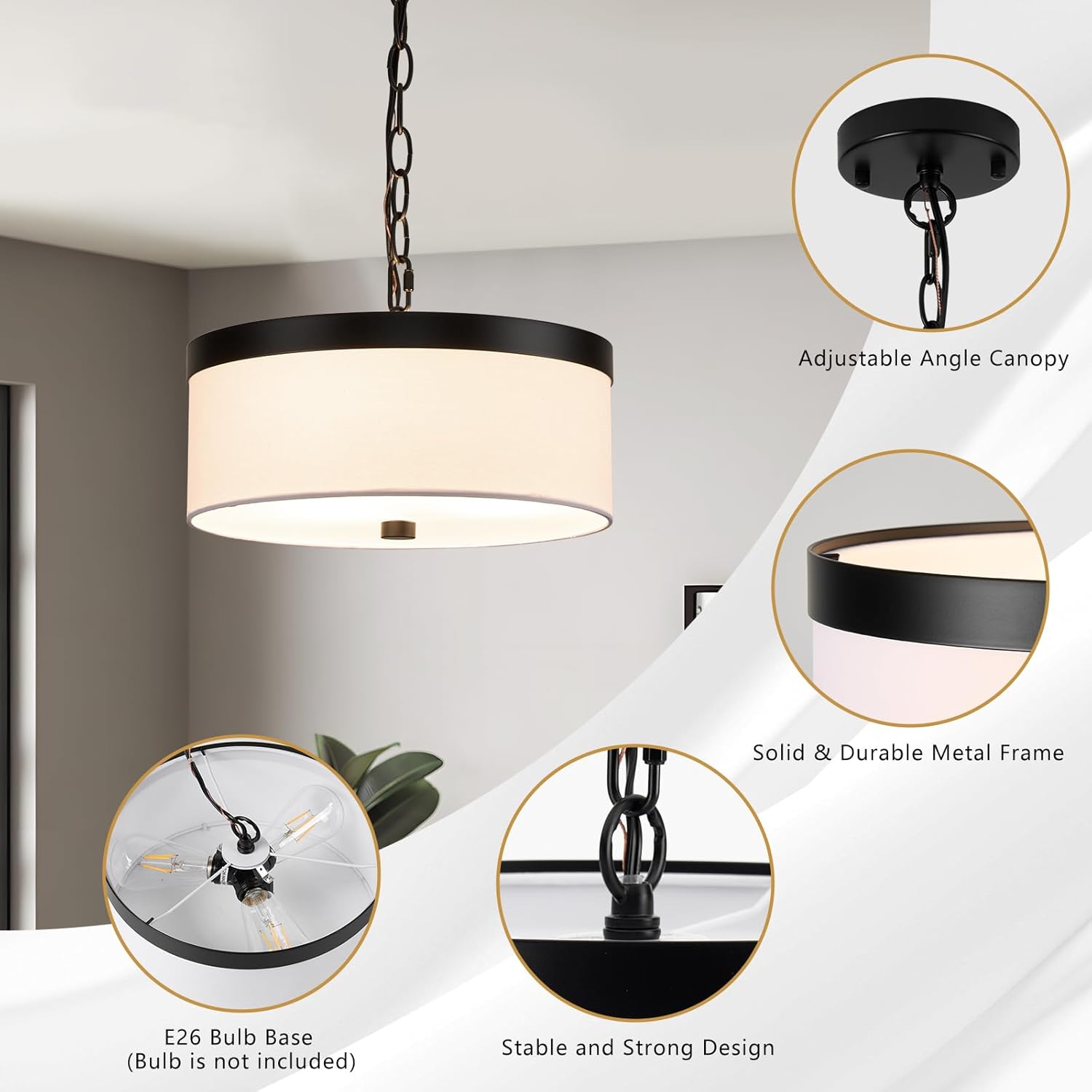 12'' Modern Drum Chandeliers, 3-Lights Modern Fabric Chandelier for Dining Room, Height Adjustable Black Pendant Light, Round Pendant Light Fixtures for Bedroom Living Room Kitchen Island Foyer