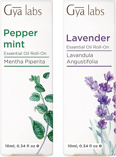 Juego de aceites esenciales de menta roll-on y lavanda de grado de aromaterapia 100% naturales, 2 x 0.34 onzas líquidas Gya Labs