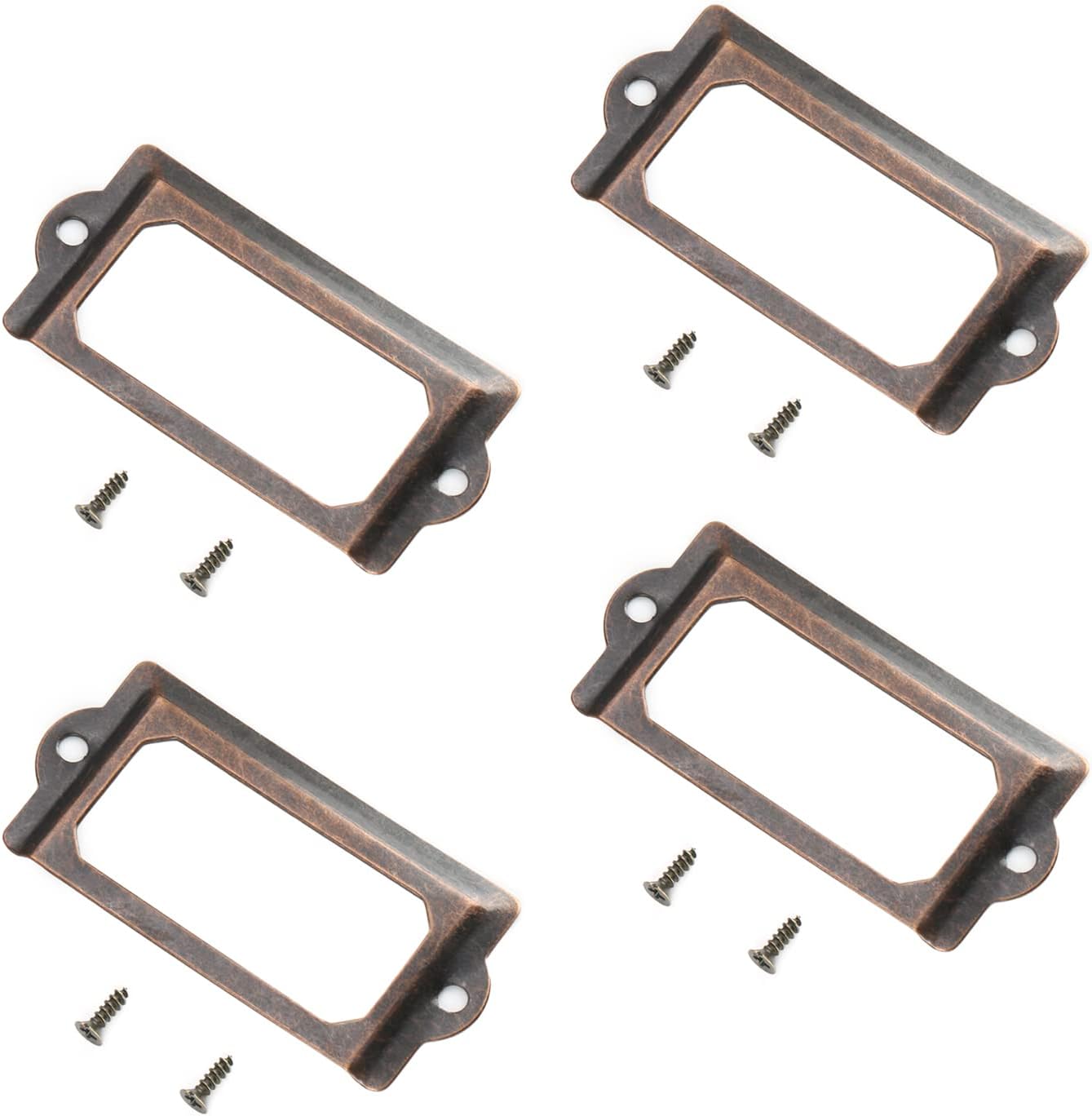 Yinpecly 2.76"x1.30"(LxW) Metal Label Frame Tag Label Holders Hardware with M2.5x8mm Mounting Screws for Office Library File Furniture Drawer Box Case Cabinet Card Red Copper Tone 30pcs