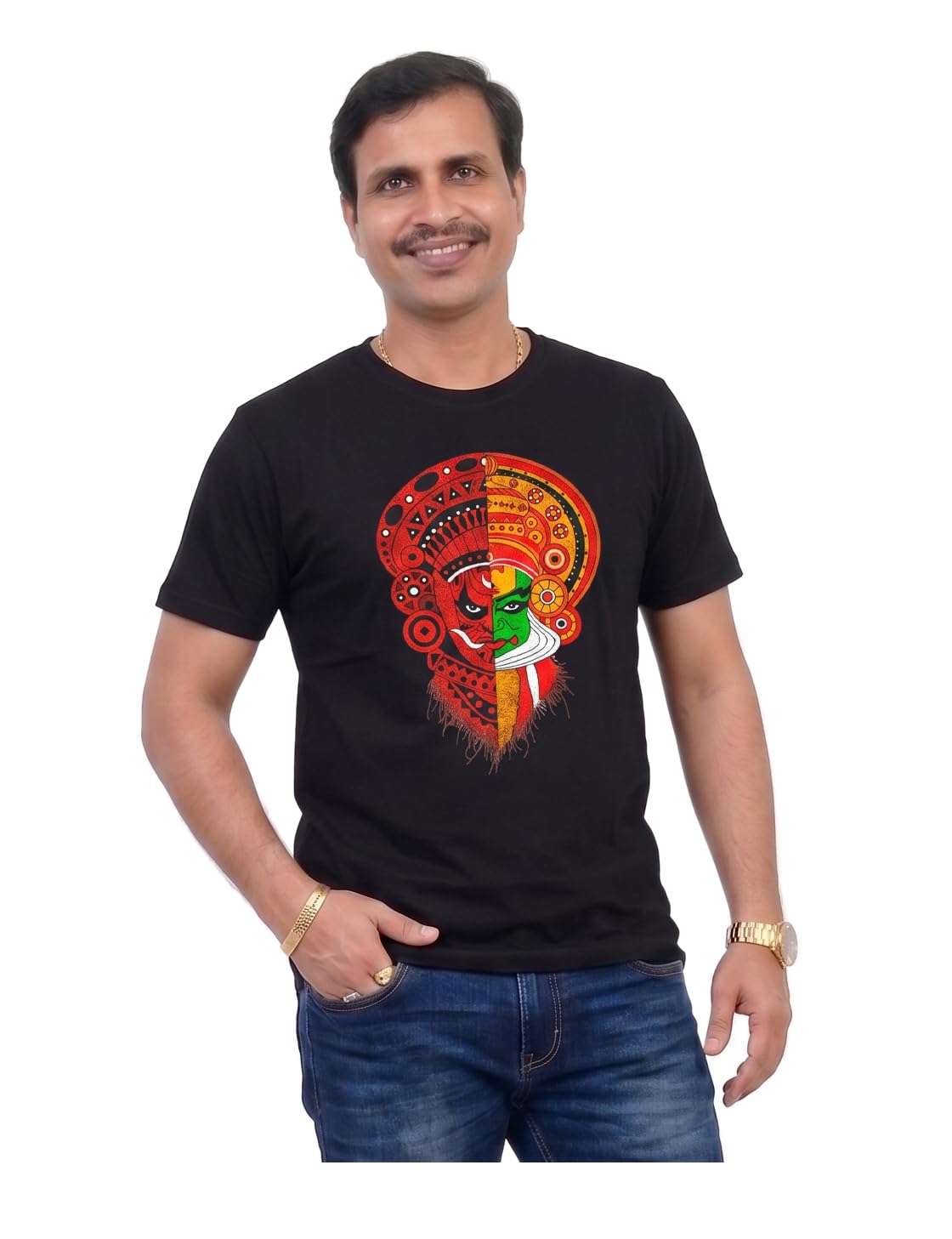 Kerala Traditional Kathakali Printed 100% Cotton Stunning Black T-Shirt for Men & Women | Matt Finishing Print|Unisex for Onam Festival-image-11