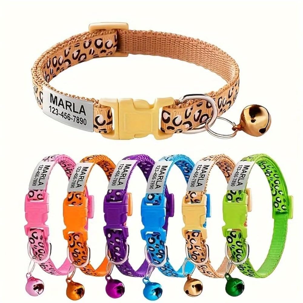 Personalised Cat Collar Leash Set Adjustable Leopard Print Pet Collar with ID Tag for Small Dogs & Cats Durable Collar Pet Accessory (Khaki,XS)