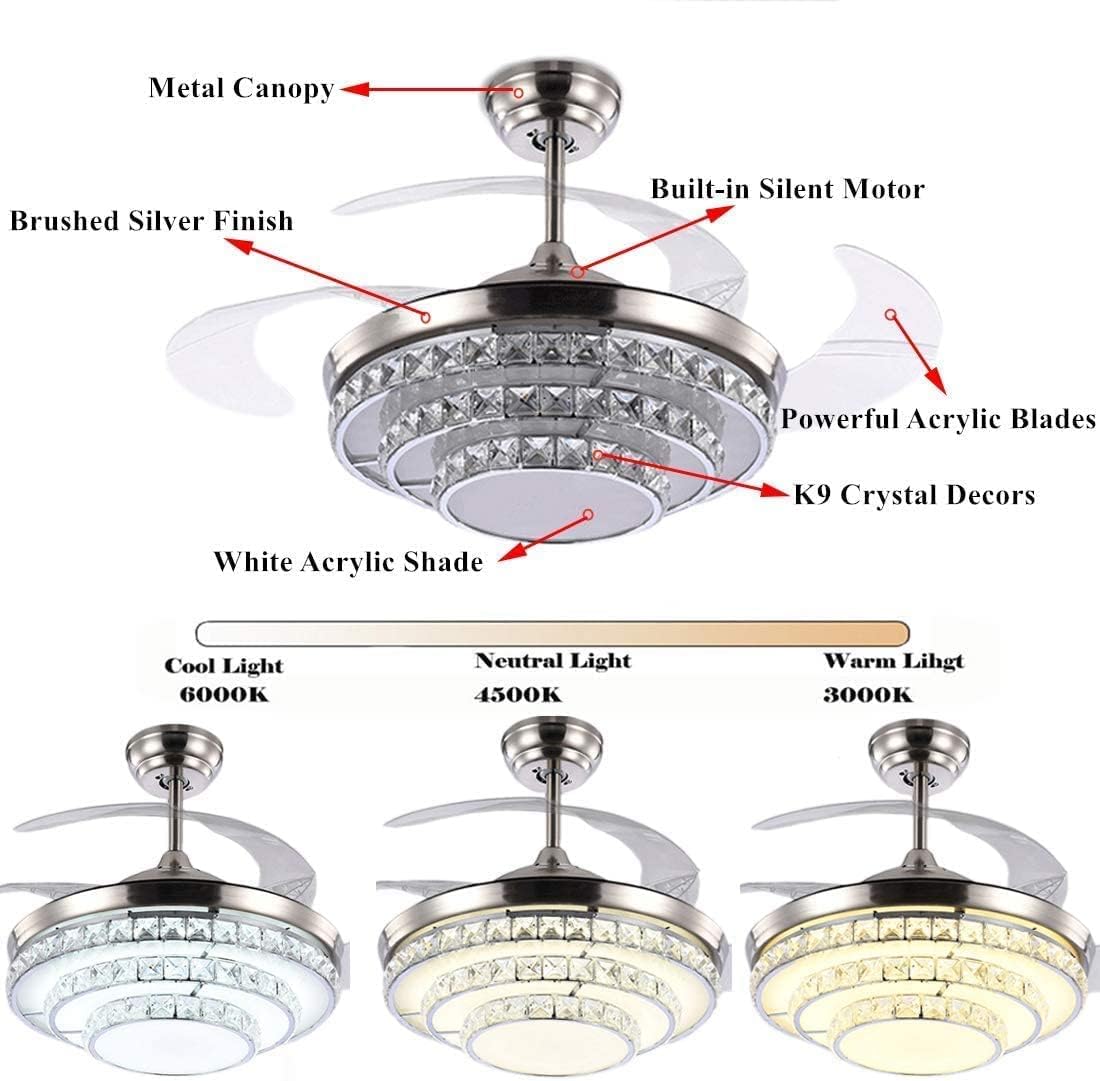 42" Crystal Ceiling Fan with Light Modern LED Chandelier Remote Retractable 3 Speeds 3 Colors Ceiling Fan For Living Room Bedroom Family European Restaurant, Silent Motor with Bulbs Included