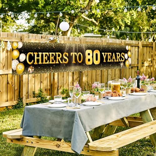 Image of TZSS Black & Gold 80th Birthday Banner Decorations - Extra Large Reusable Yard Sign for Men & Women, 80th Celebration Party Decor Indoor Outdoor, Platinum Jubilee Happy 80th