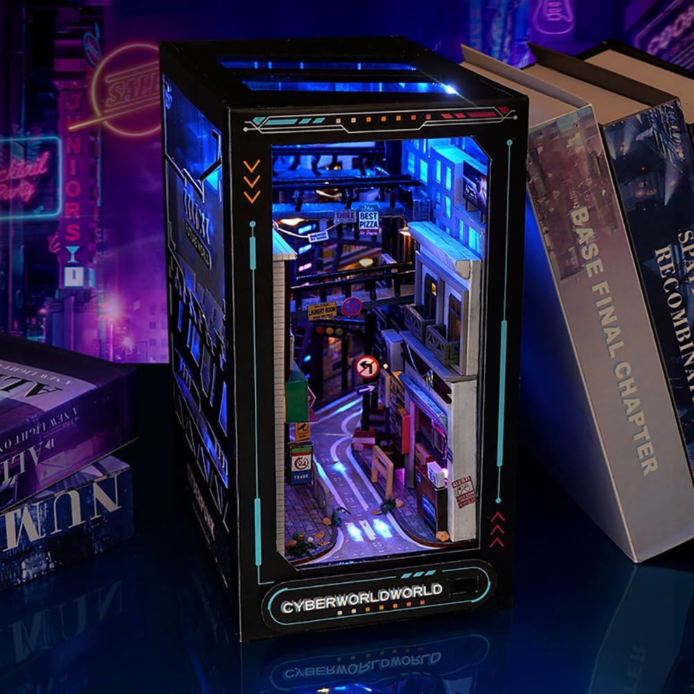 Cjeuxnr Book Nook Kit DIY Dollhouse Miniature Kit, Bookshelf Insert Decor, 3D Wooden Puzzle Booknook Miniature Kit with Furniture for Creative Ssembled Bookends (Near Future)