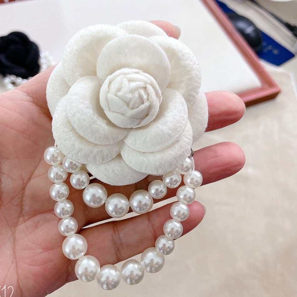 Image of Elegant Camellia Flower Faux Pearl Brooch Pin,Bohemian Fabric Flower Brooch Pins Pearl Tassel for Women Teen Girls, Corsage Wedding Brooches Clothes Dress Coat Accessories Jewelry Gift