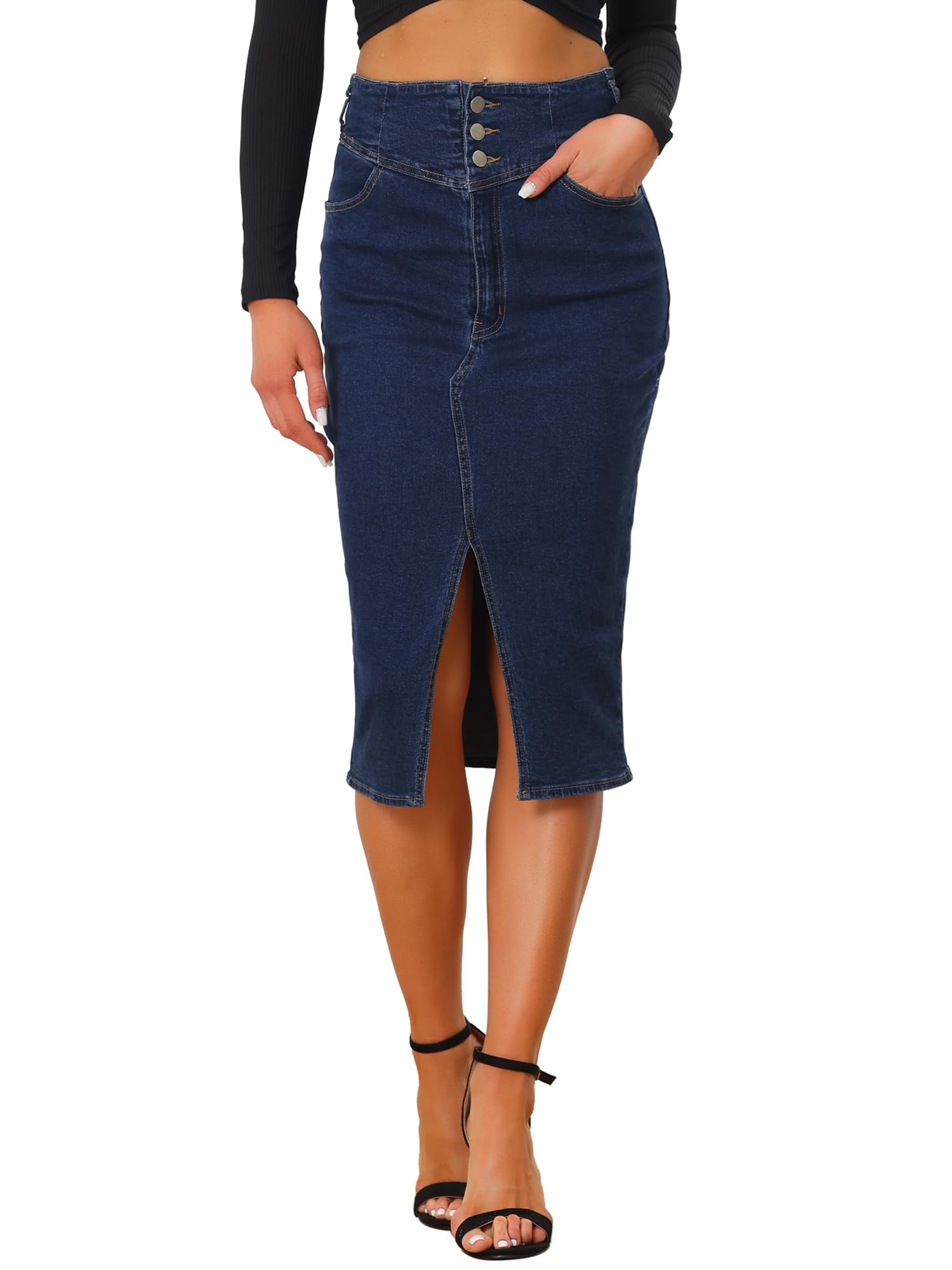 Allegra K Jupe en Jean Stretch Femme Vintage Taille Haute Ourlet Fendu Jupe Midi Denim Crayon
