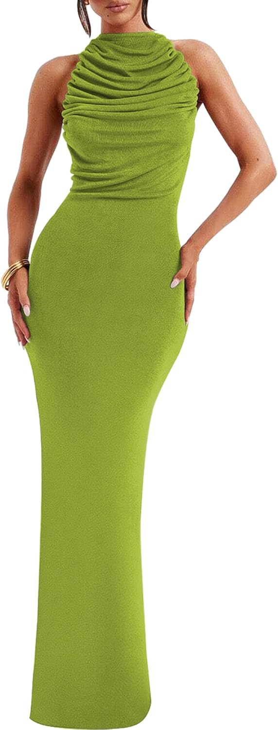 SHESEEWORLD Summer Women's Mock Neck Sleeveless Slim Fitted Maxi Dress Elegant Ruched Bodycon Party Outfit